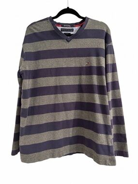 Tommy Hilfiger Men's XL Shirt Long Sleeve V-Neck Striped Blue Gray Stretch